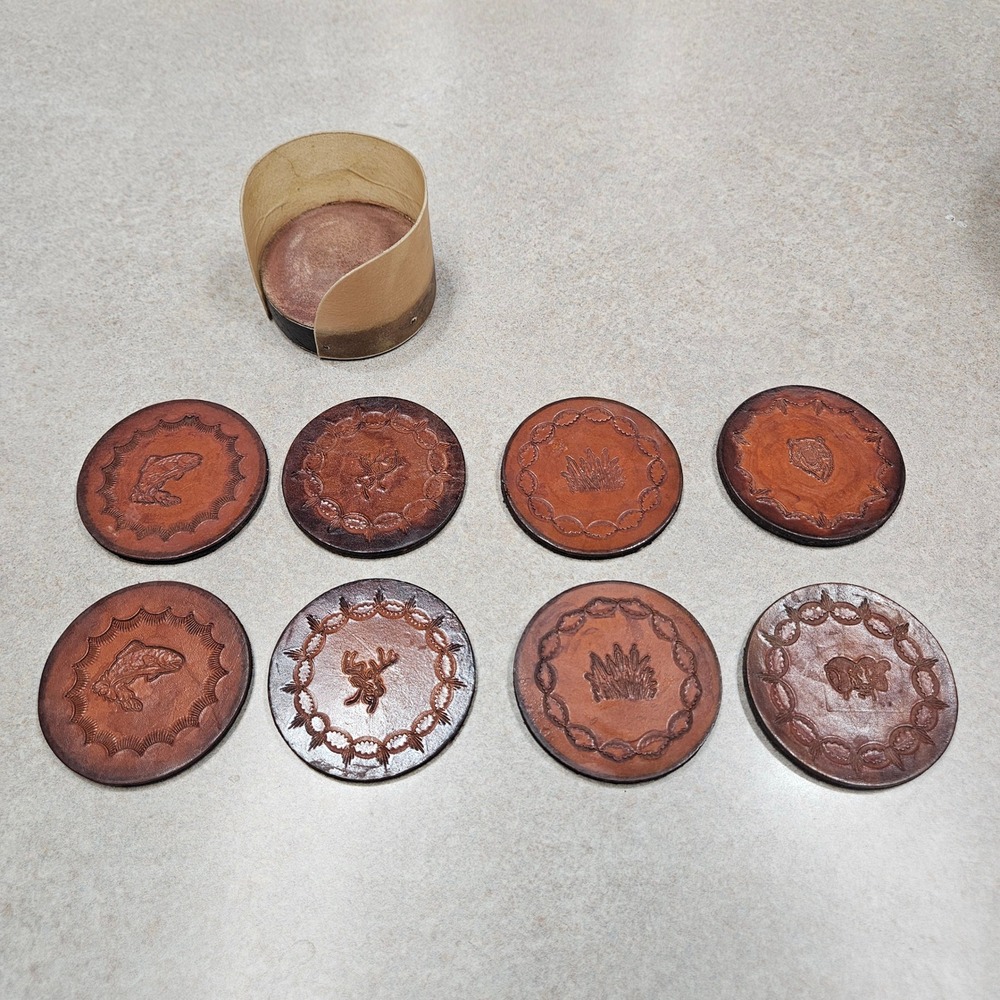 Handmade Leather Coaster Set 9pc Brown Wildlife Embossed Rustic Cabin Lodge